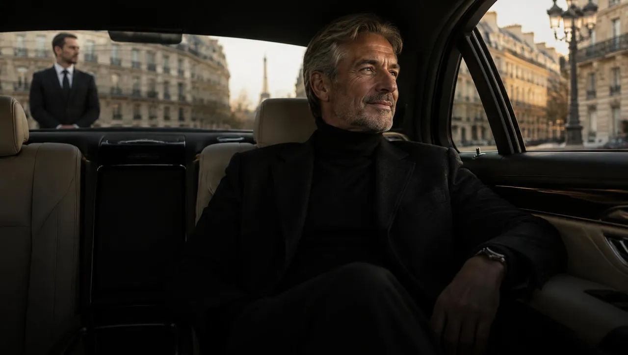 Passager à l'arrière d'une berline de luxe à Paris, chauffeur privé attendant devant la portière ouverte