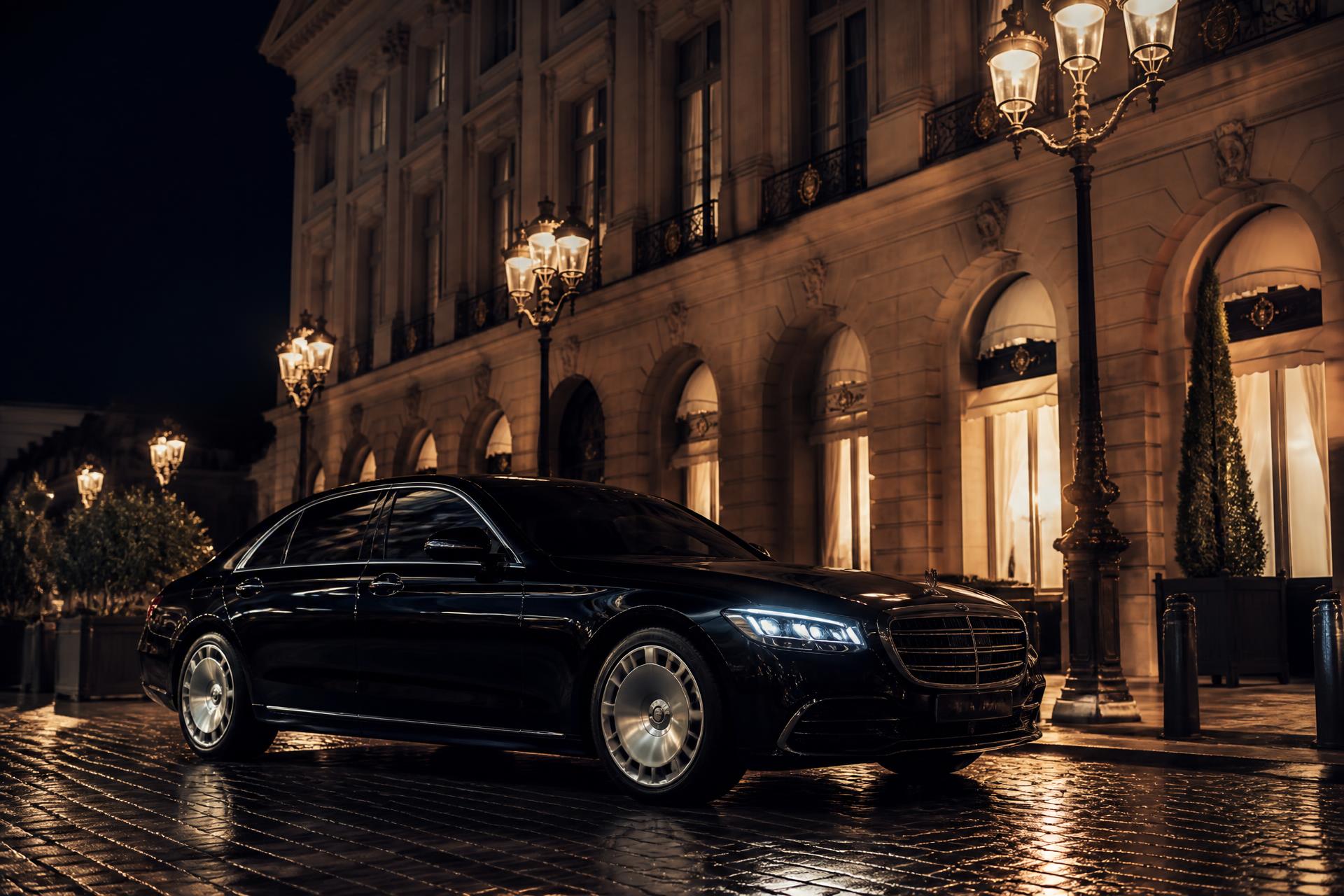 Mercedes S-Class private chauffeur at Place Vendôme, Paris at night