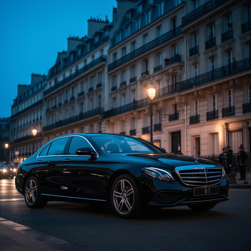 Mercedes Classe E noire devant un immeuble haussmannien — chauffeur business Paris Élysée DRIVE