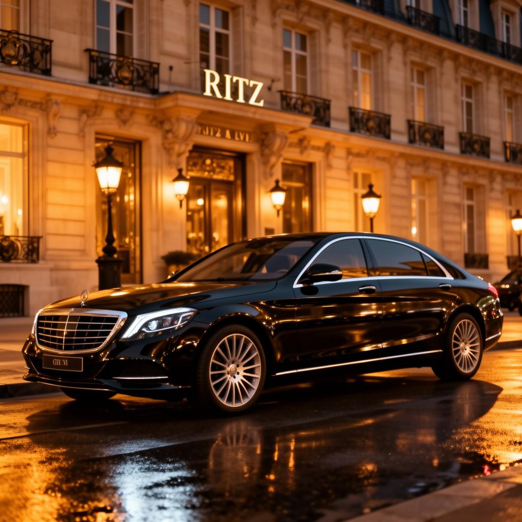 Mercedes Classe S noire devant le Ritz Paris la nuit — chauffeur de luxe VIP Élysée DRIVE