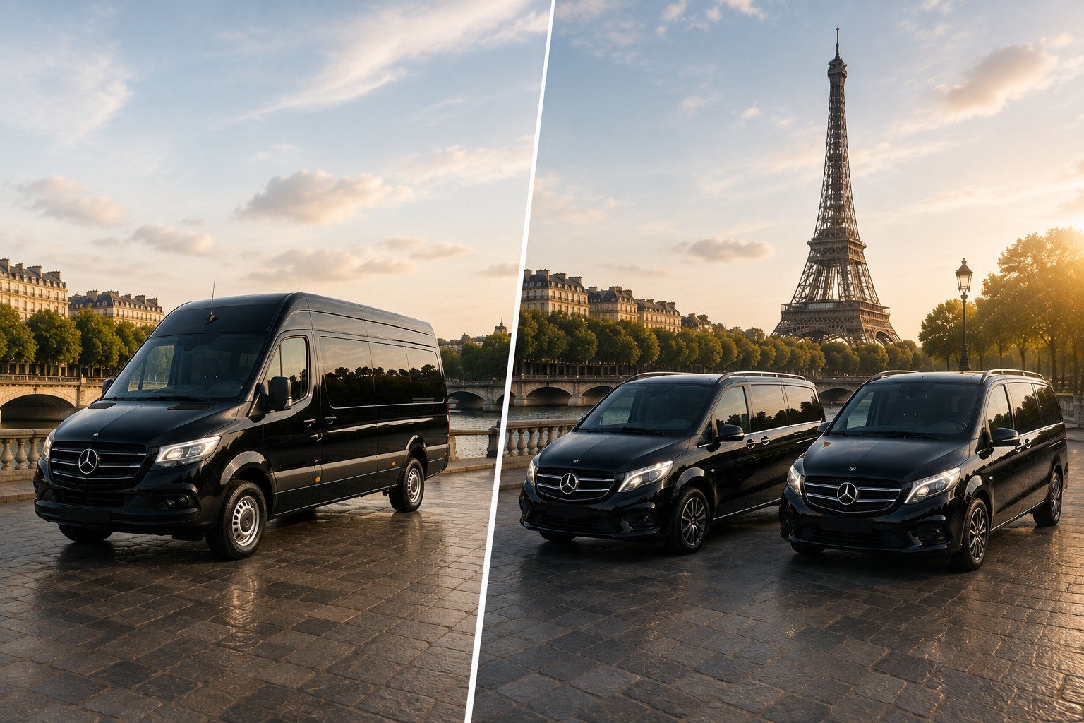 Mercedes Sprinter et deux Minivans Classe V noirs à Paris — transport de groupe Élysée DRIVE