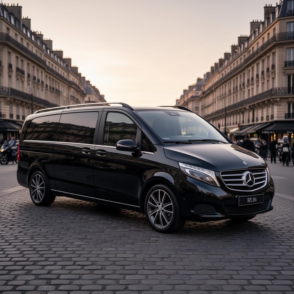 Van Mercedes Classe V noir sur un boulevard parisien — chauffeur privé groupe Élysée DRIVE